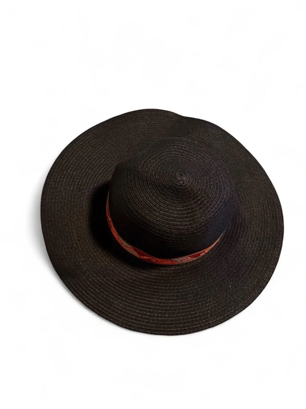 Wide-Brim Black Straw Sun Hat with Orange Patterned Band